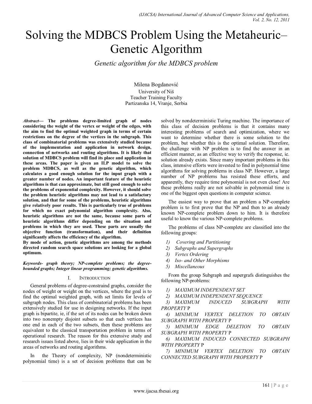 Solving the MDBCS Problem Using the Metaheuric–Genetic Algorithm