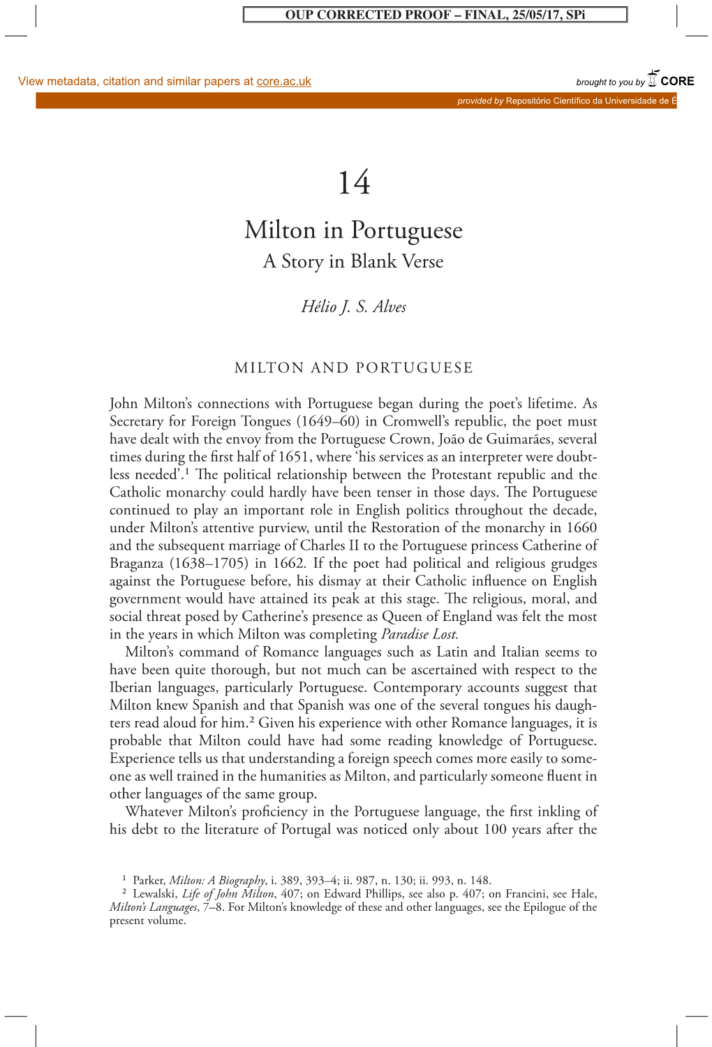 Milton in Portuguese a Story in Blank Verse