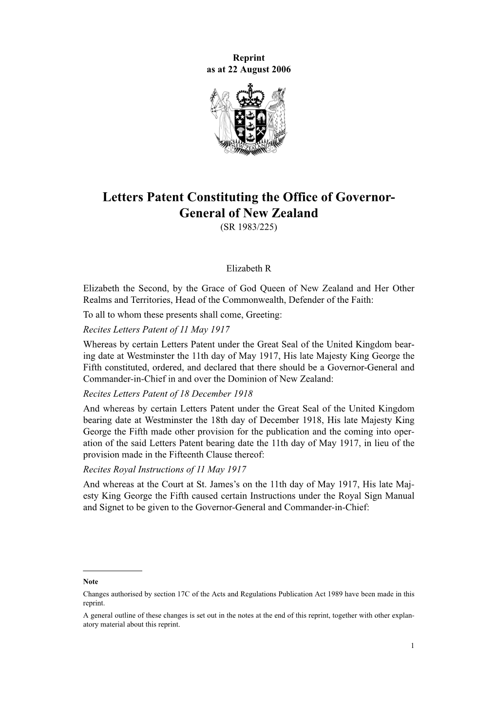 Letters Patent Constituting the Office of Governor- General of New Zealand (SR 1983/225)