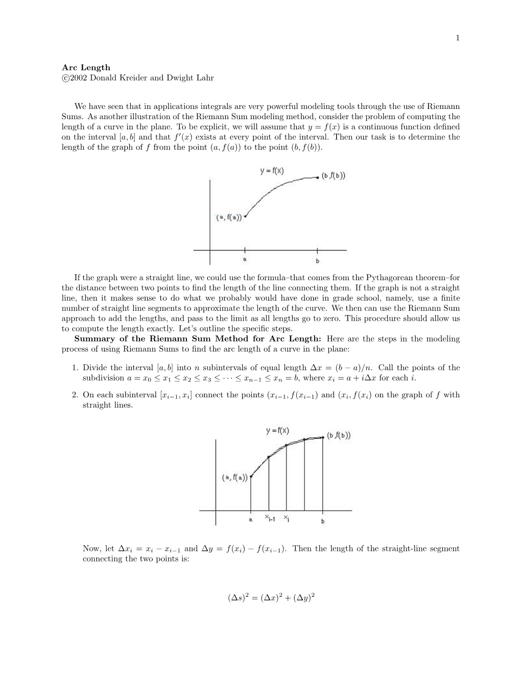 Arc Length C 2002 Donald Kreider and Dwight Lahr