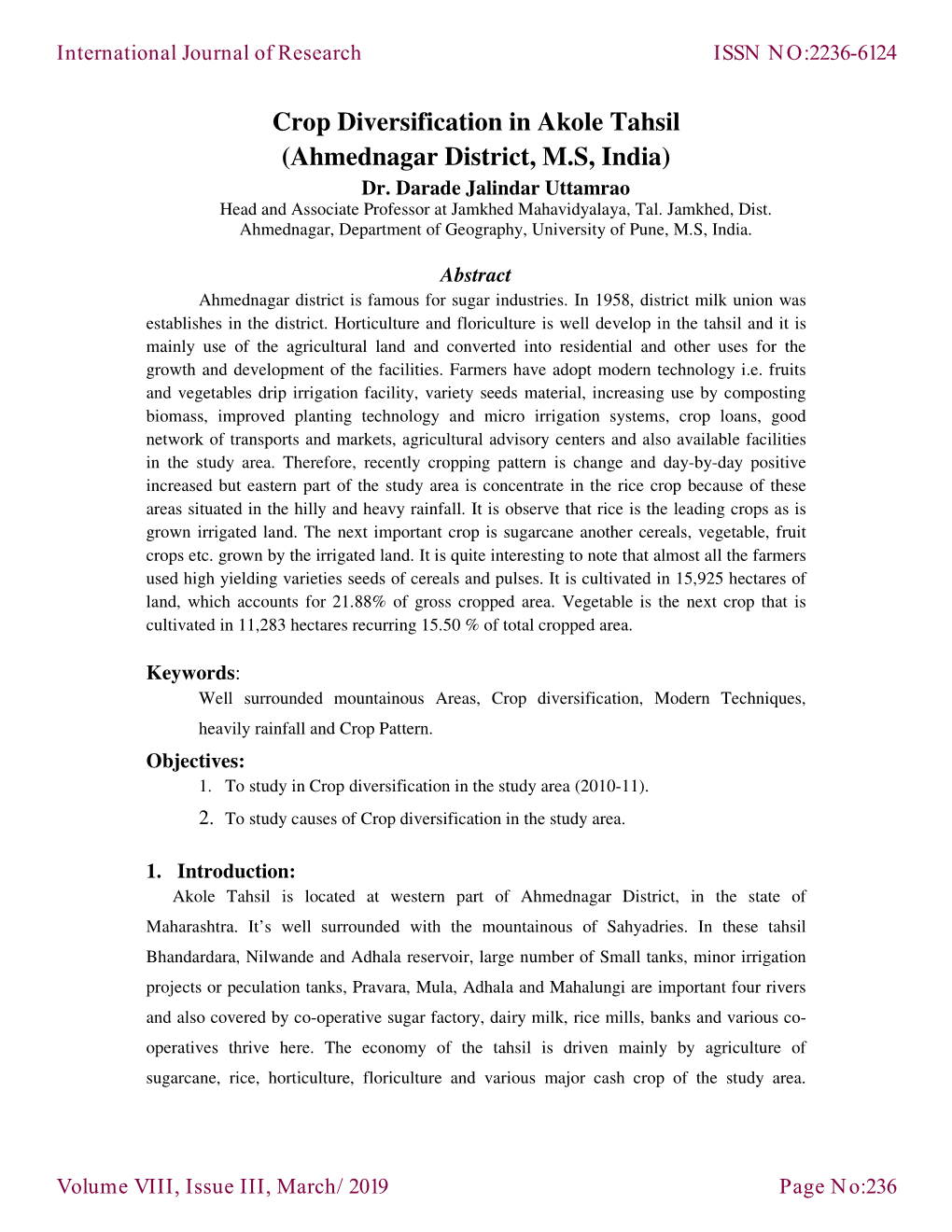 Crop Diversification in Akole Tahsil (Ahmednagar District, M.S, India) Dr