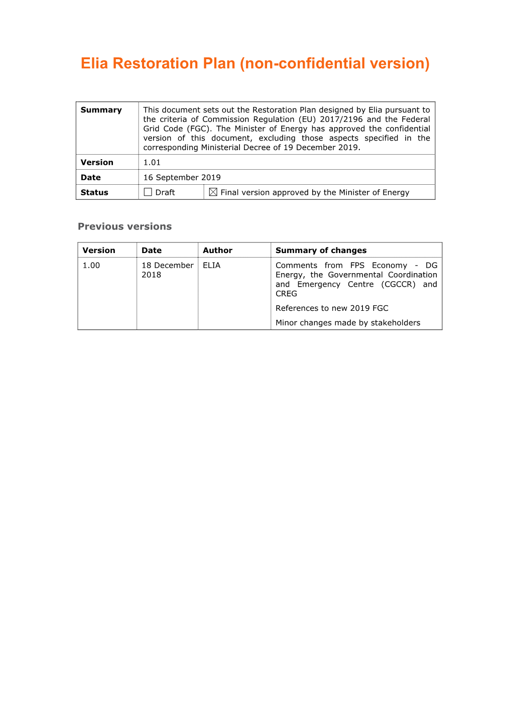 Elia Restoration Plan (Non-Confidential Version)