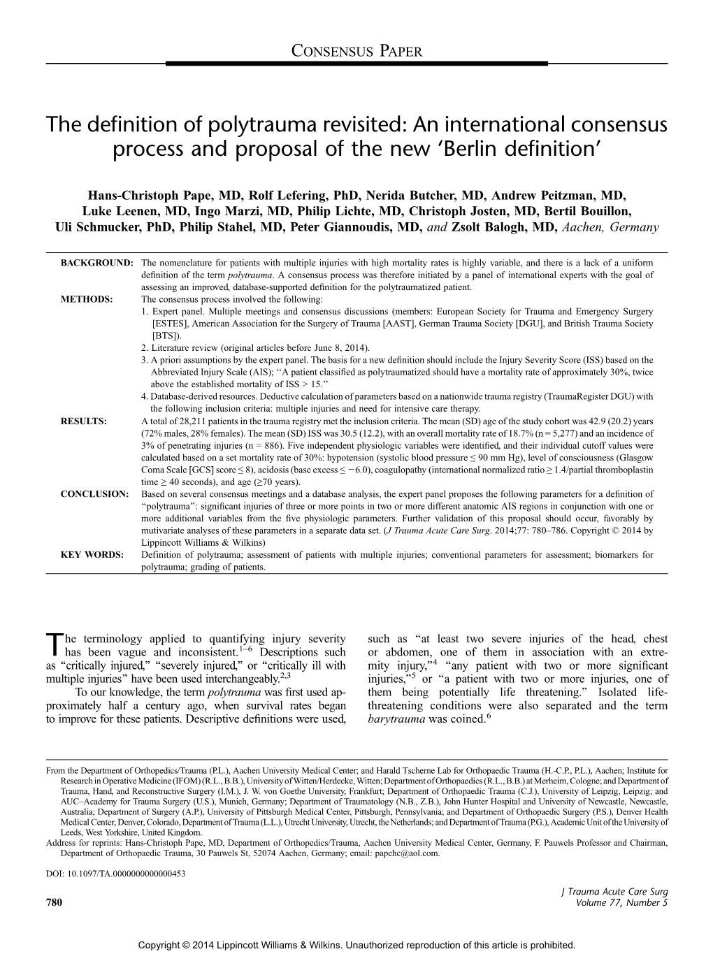 The Definition of Polytrauma Revisited: an International Consensus Process and Proposal of the New 'Berlin Definition'