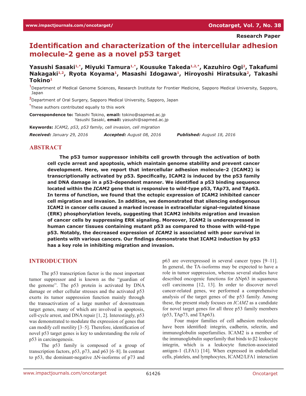 Identification and Characterization of the Intercellular Adhesion Molecule-2 Gene As a Novel P53 Target