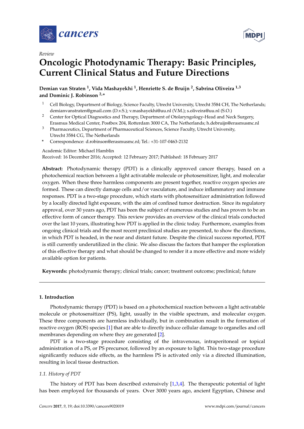 Oncologic Photodynamic Therapy: Basic Principles, Current Clinical Status and Future Directions