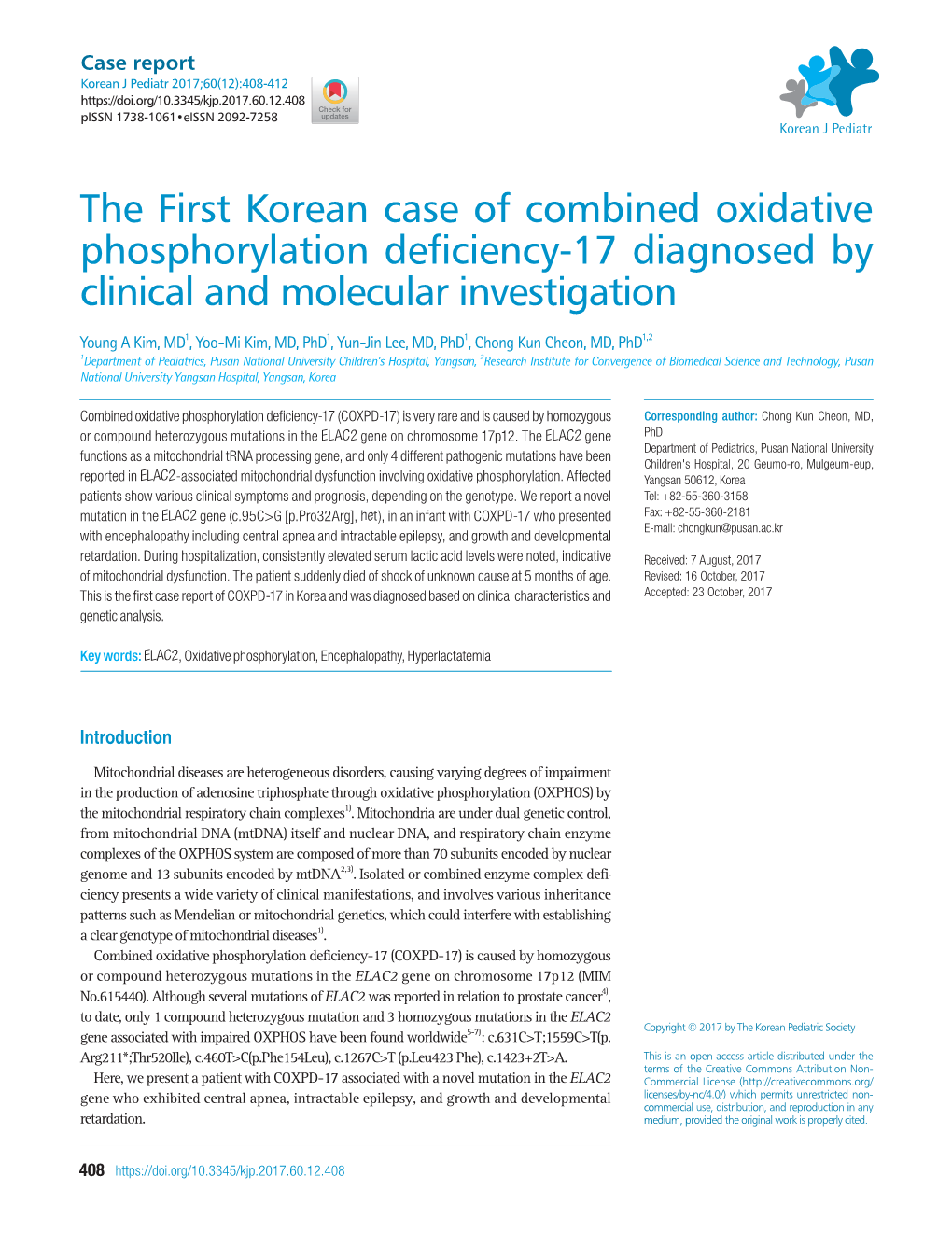 The First Korean Case of Combined Oxidative Phos Phorylation
