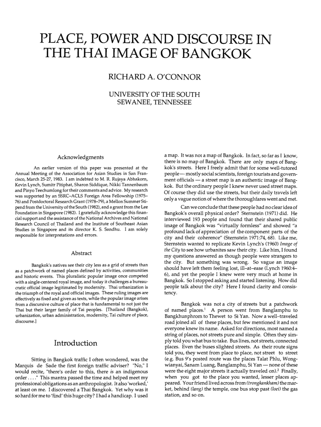 Place, Power and Discourse in the Thai Image of Bangkok