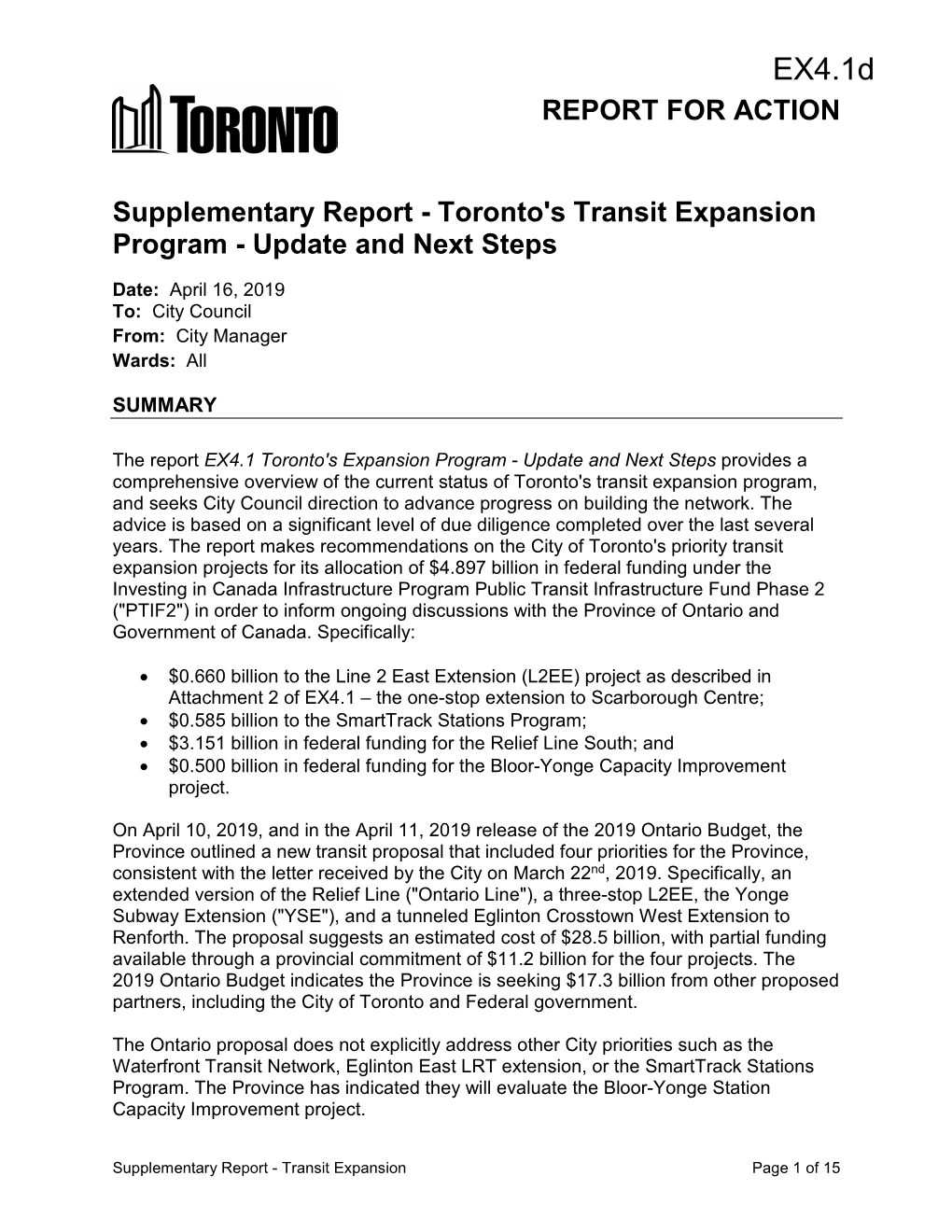 Supplementary Report - Toronto's Transit Expansion Program - Update and Next Steps