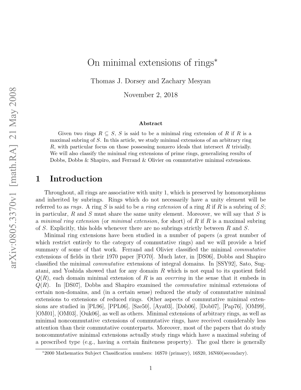 Arxiv:0805.3370V1 [Math.RA] 21 May 2008 on Minimal Extensions of Rings