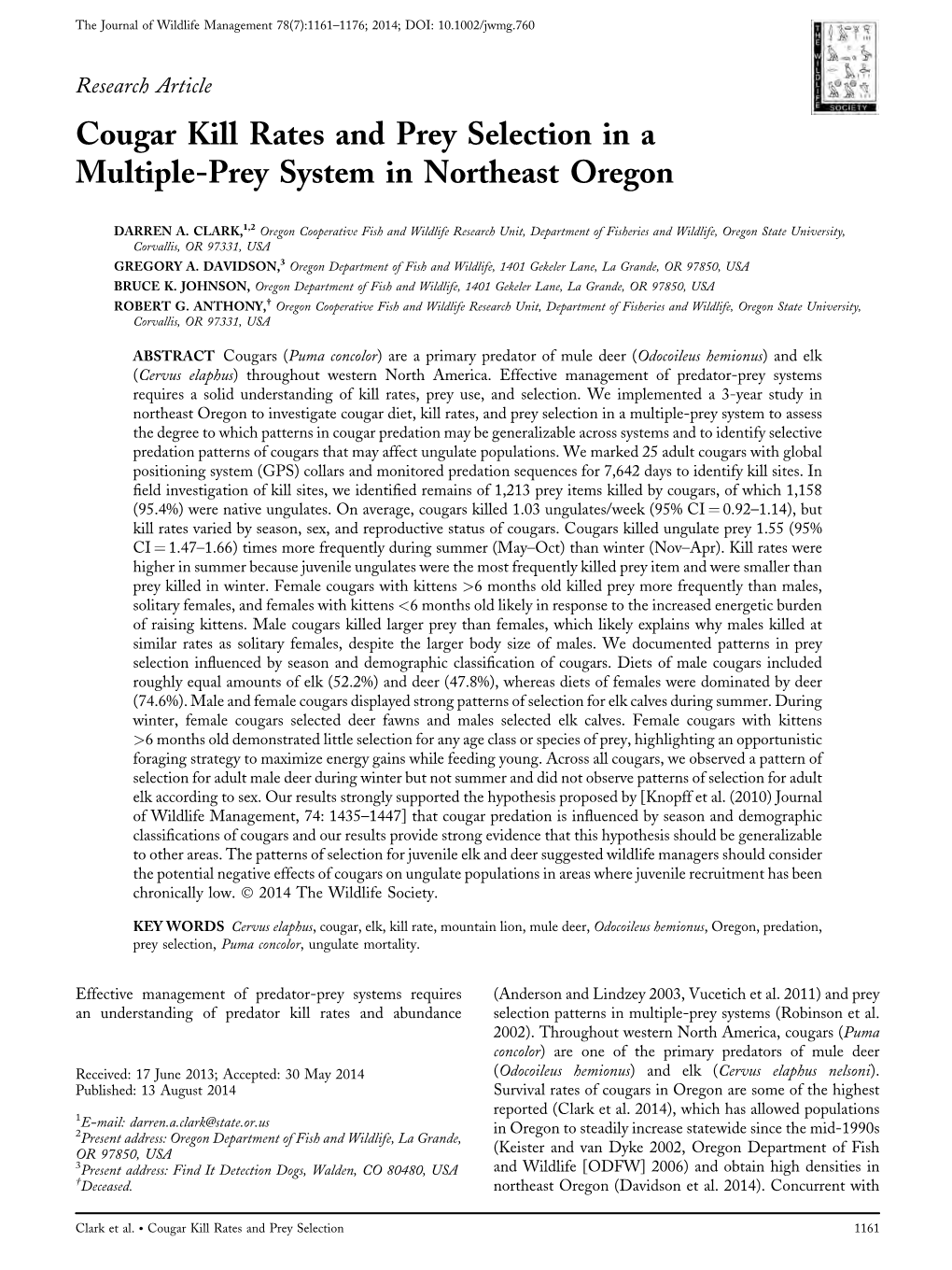 Cougar Kill Rates and Prey Selection in a Multipleprey System in Northeast