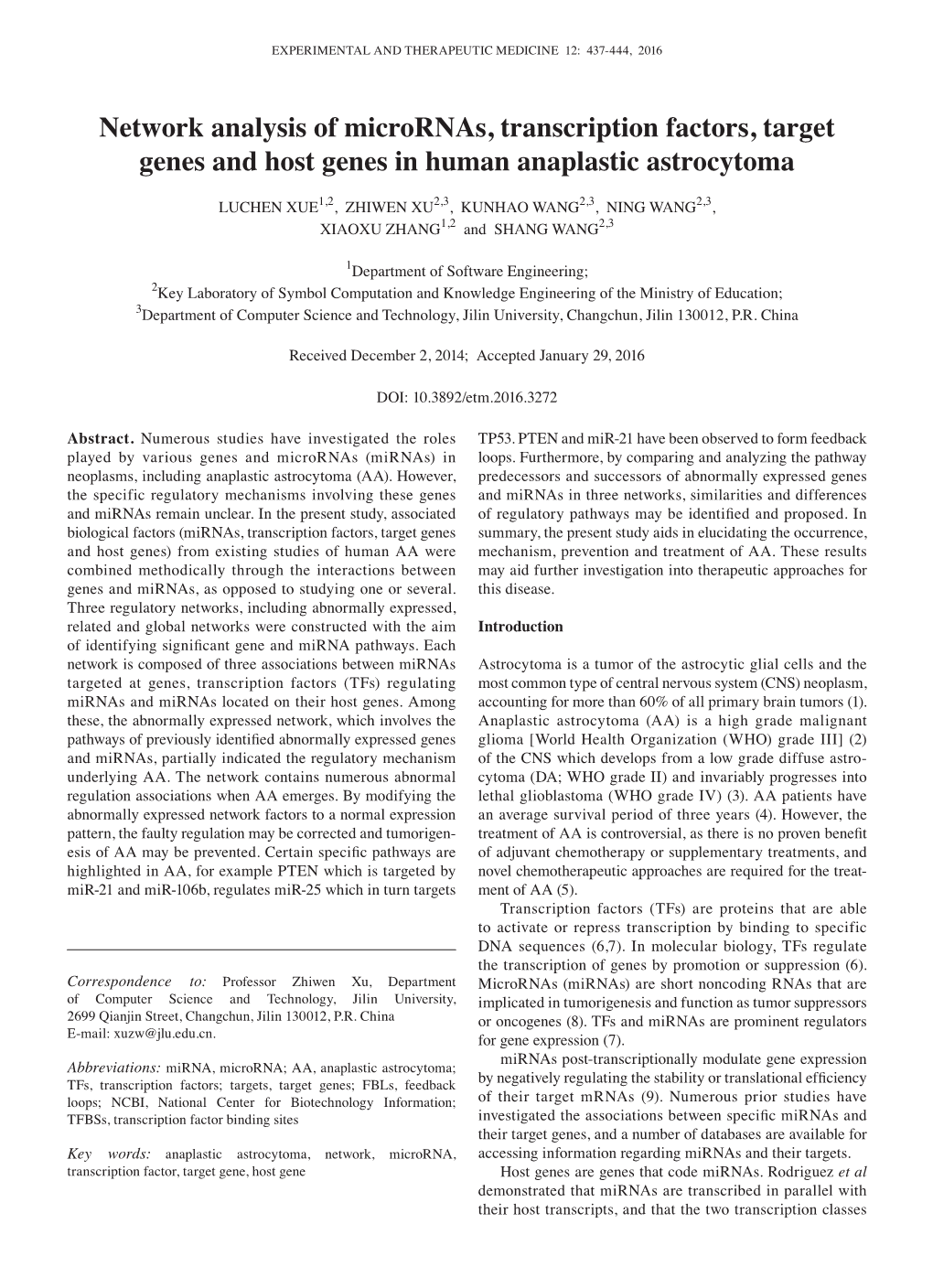 Network Analysis of Micrornas, Transcription Factors, Target Genes and Host Genes in Human Anaplastic Astrocytoma