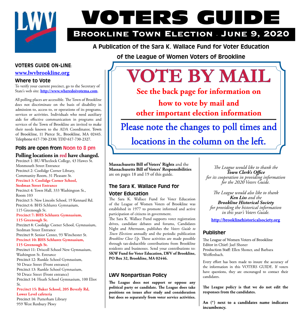 VOTERS GUIDE Brookline Town Election - June 9, 2020 a Publication of the Sara K