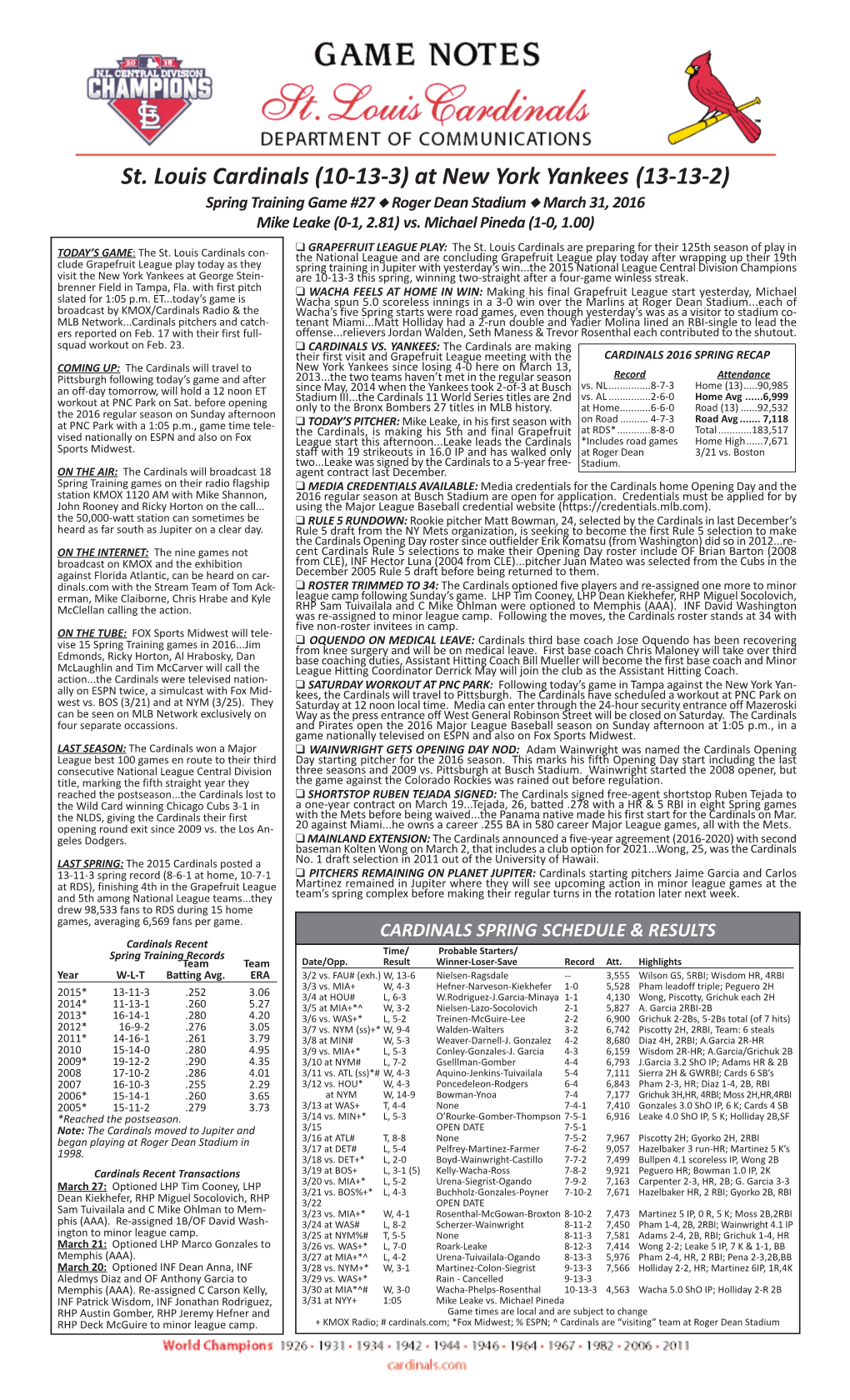 St. Louis Cardinals (10-13-3) at New York Yankees (13-13-2) Spring Training Game #27 N Roger Dean Stadium N March 31, 2016 Mike Leake (0-1, 2.81) Vs