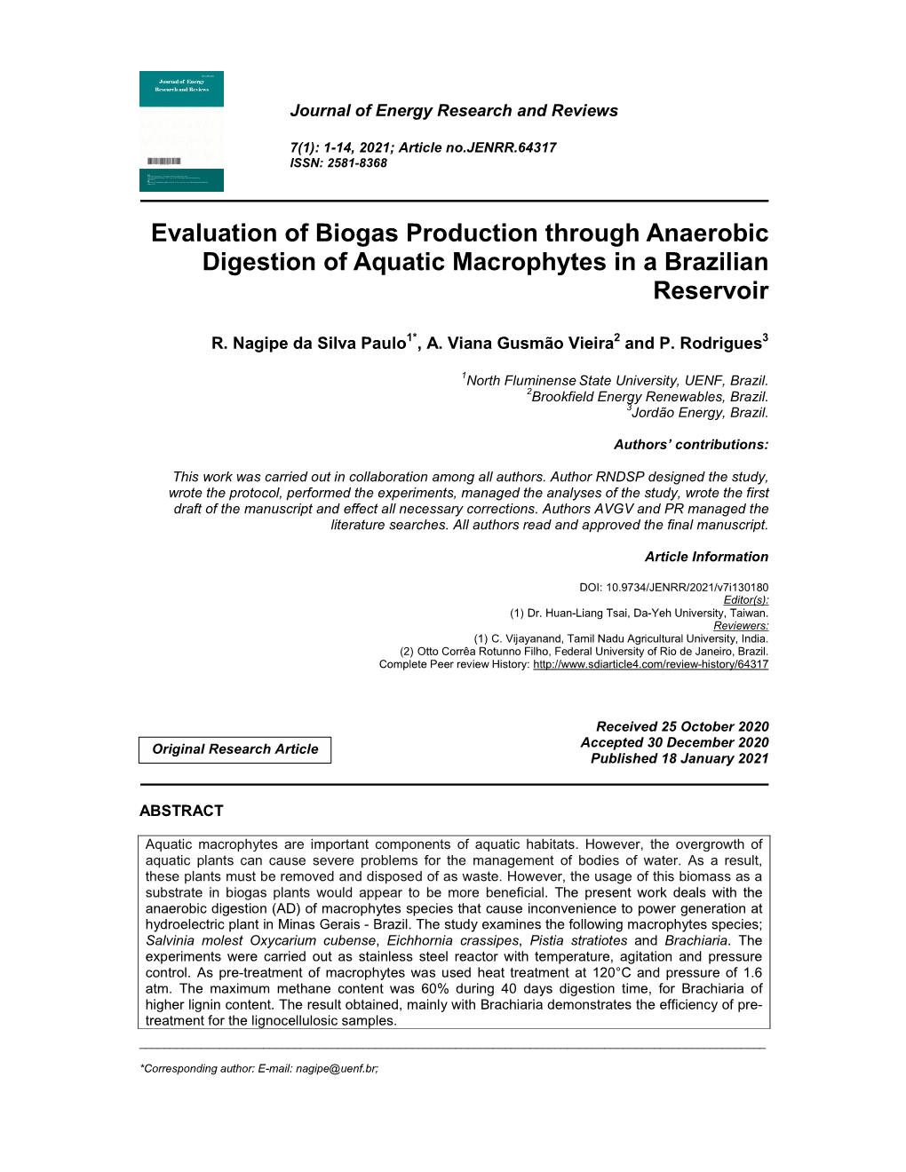 Evaluation of Biogas Production Through Anaerobic Digestion of Aquatic Macrophytes in a Brazilian Reservoir