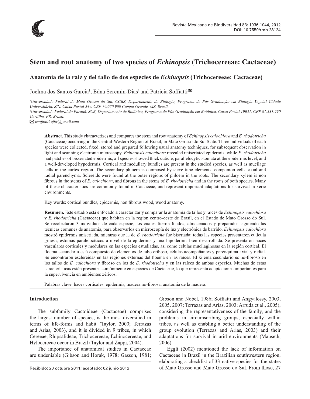 Stem and Root Anatomy of Two Species of Echinopsis (Trichocereeae: Cactaceae)