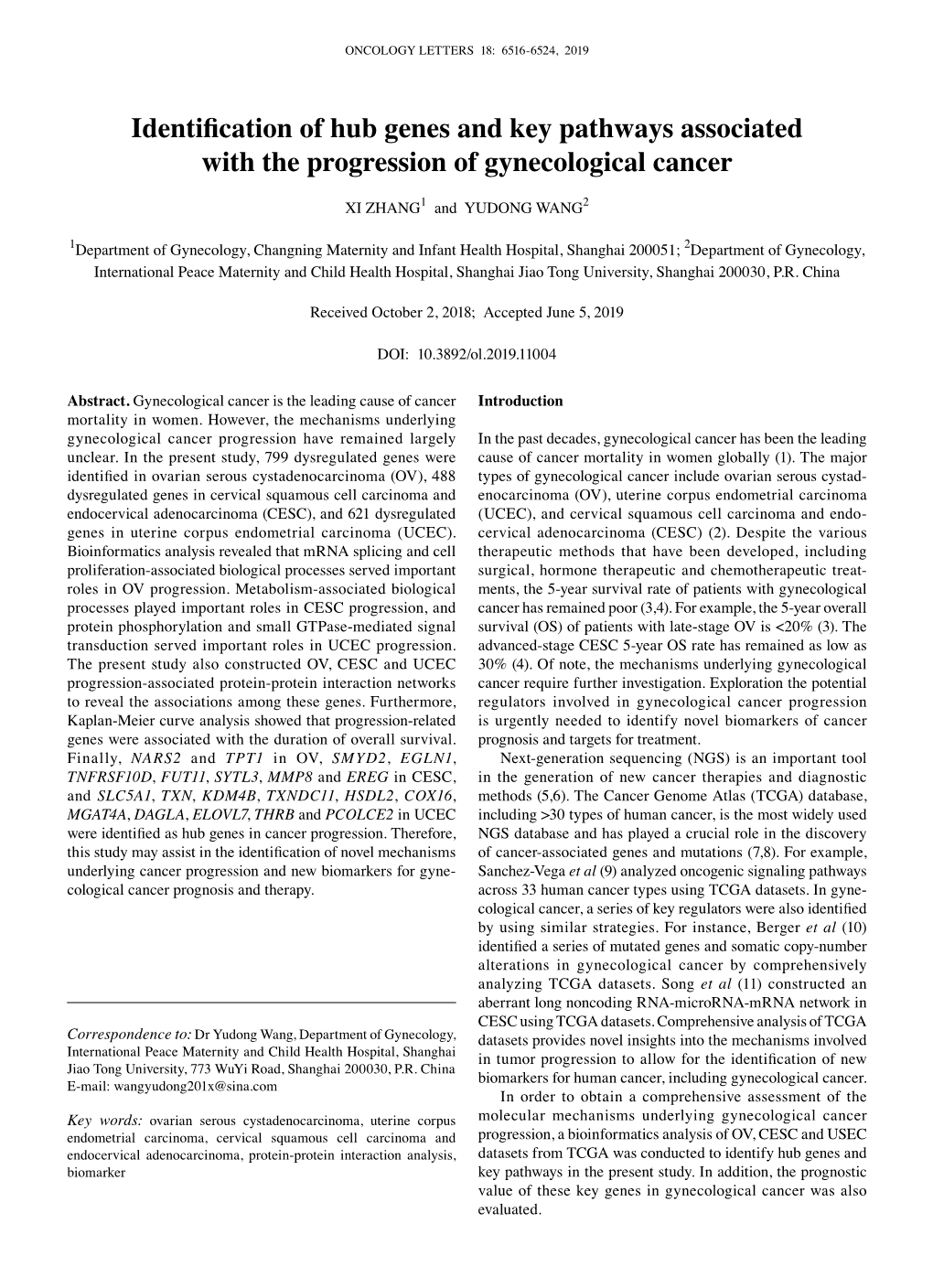 Identification of Hub Genes and Key Pathways Associated with the Progression of Gynecological Cancer