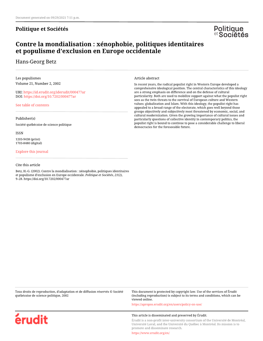 Contre La Mondialisation : Xénophobie, Politiques Identitaires Et Populisme D’Exclusion En Europe Occidentale Hans-Georg Betz