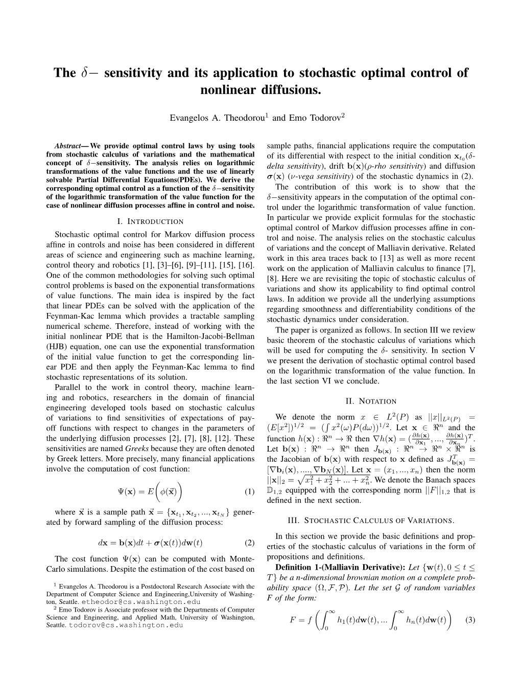 The Δ− Sensitivity and Its Application to Stochastic Optimal Control of Nonlinear Diffusions