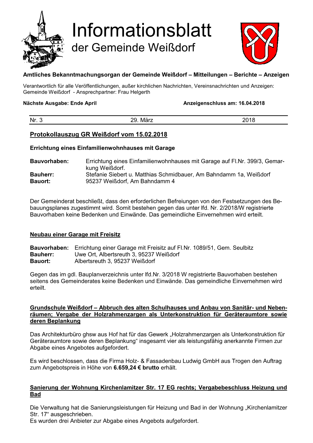 Informationsblatt Der Gemeinde Weißdorf
