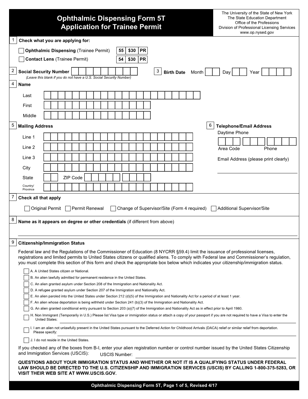 Ophthalmic Dispensing Form 5T