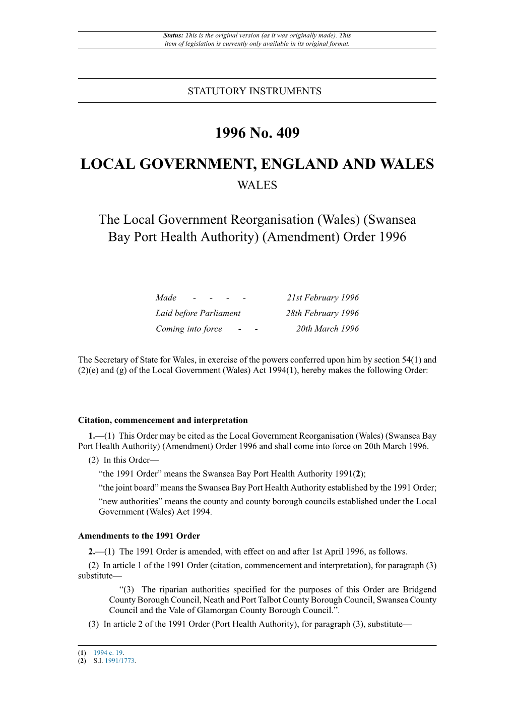 The Local Government Reorganisation (Wales) (Swansea Bay Port Health Authority) (Amendment) Order 1996