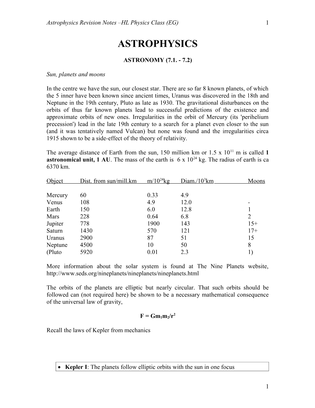 Astrophysics Revision Notes HL Physics Class (EG)