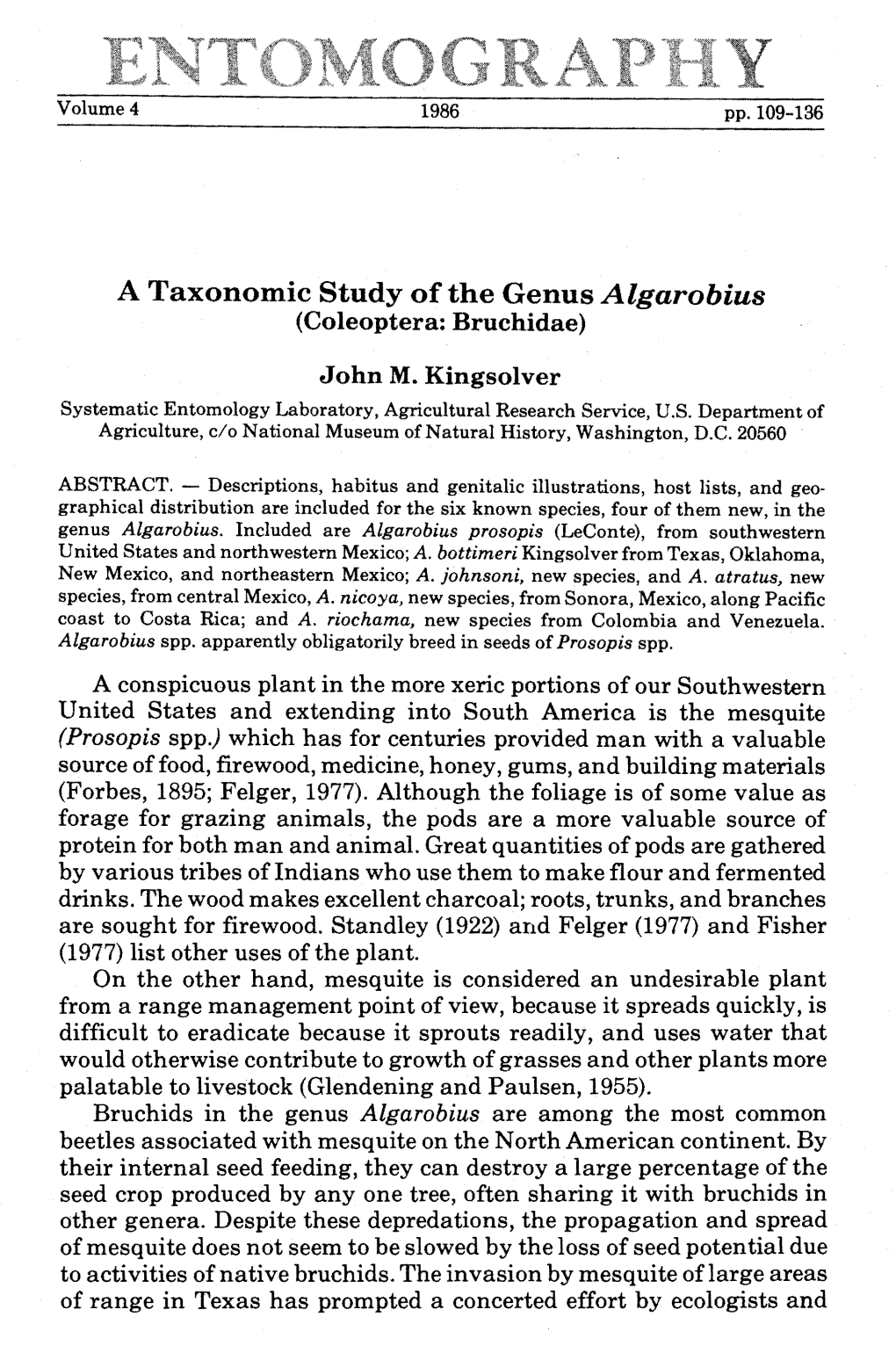 A Taxonomic Study of the Genus Algarobiu8 (Coleoptera: Bruchidae)