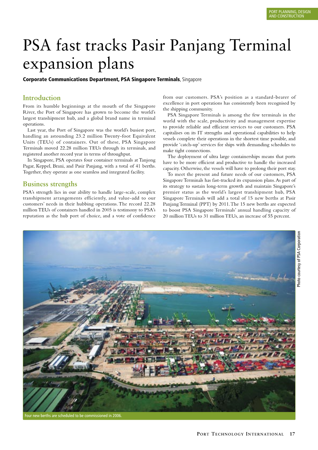 PSA Fast Tracks Pasir Panjang Terminal Expansion Plans Corporate Communications Department, PSA Singapore Terminals, Singapore