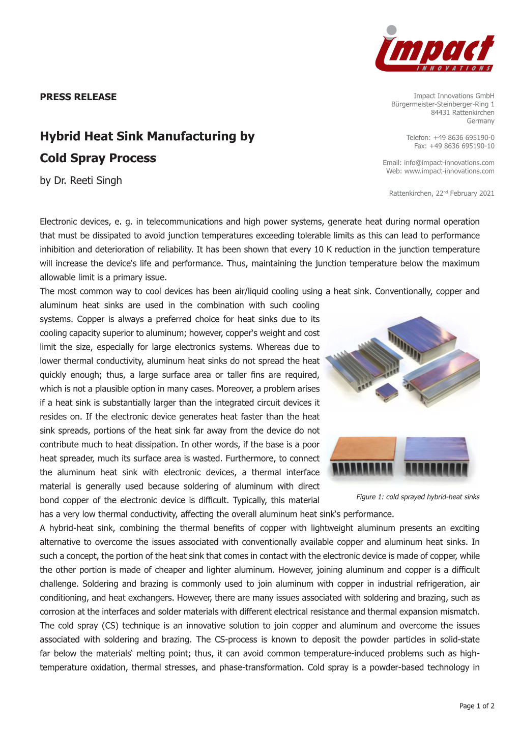 Hybrid Heat Sink Manufacturing by Cold Spray Process