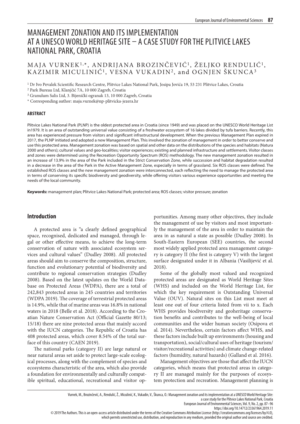 A Case Study for the Plitvice Lakes National Park, Croatia