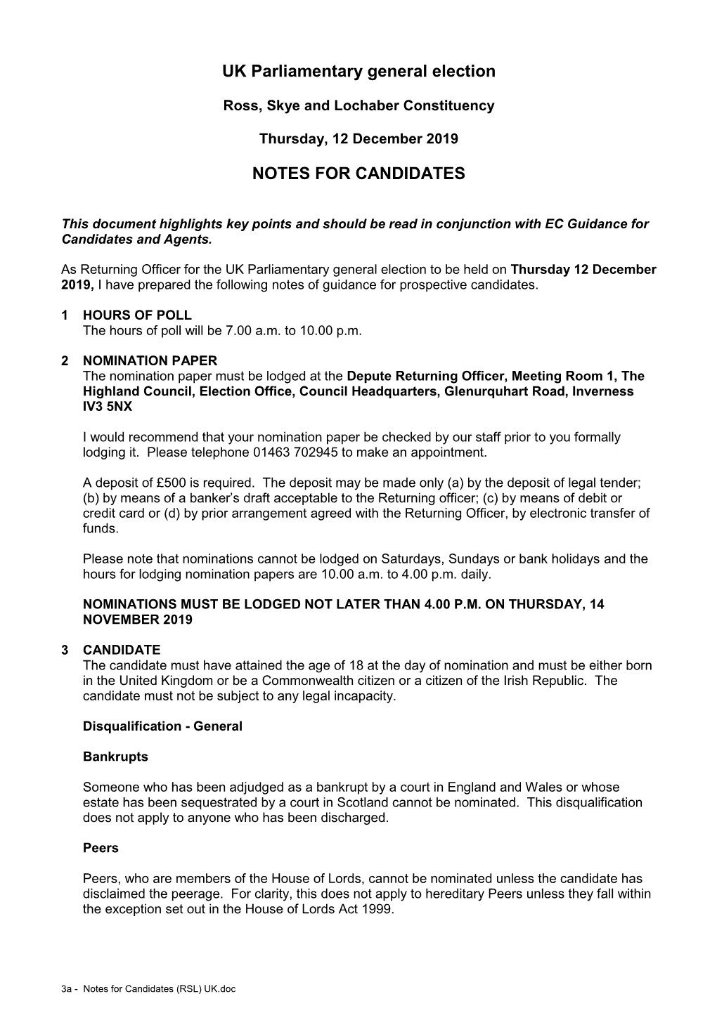 UK Parliamentary General Election NOTES for CANDIDATES