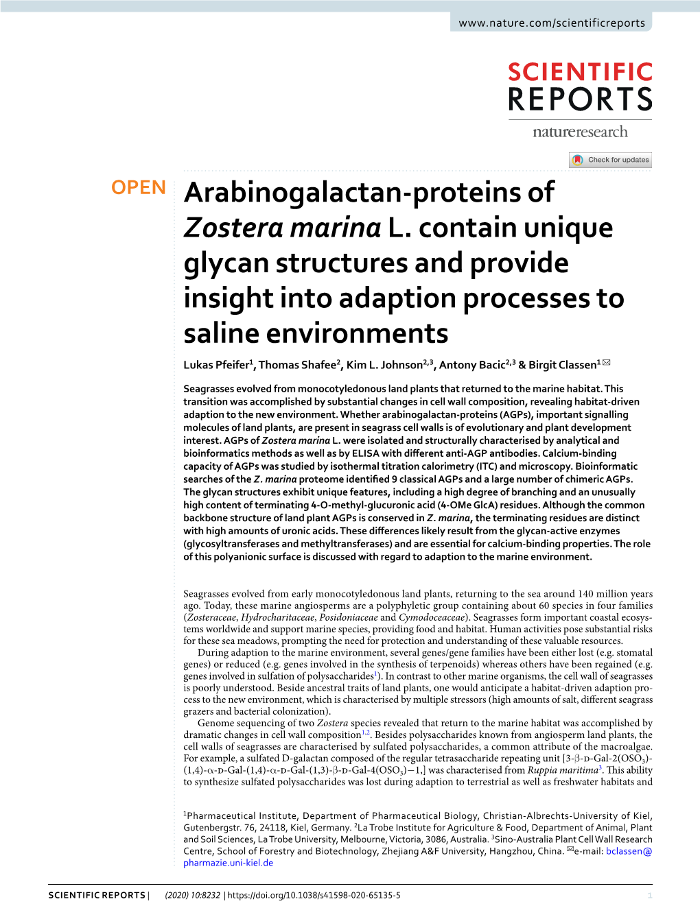 Arabinogalactan-Proteins of Zostera Marina L. Contain Unique Glycan
