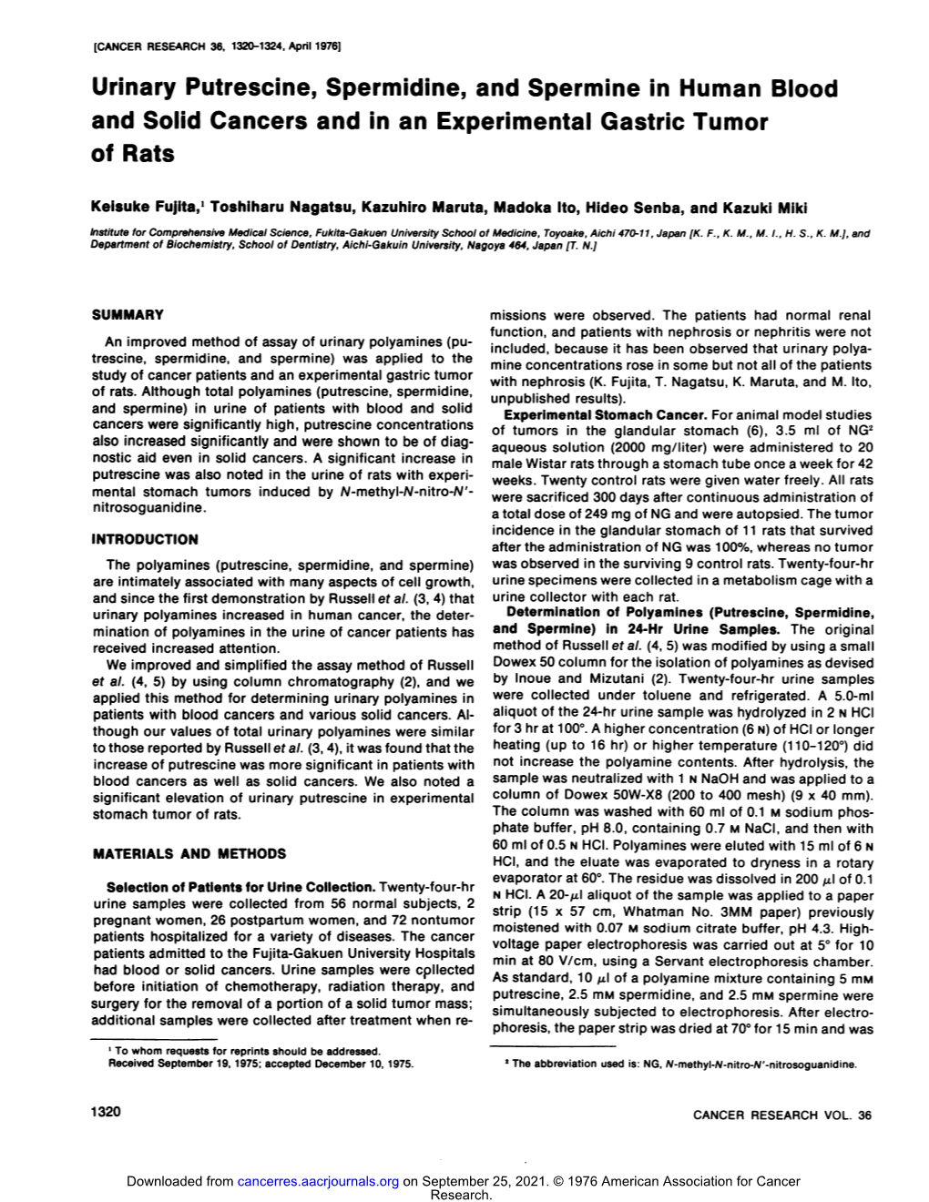 Urinary Putrescine, Spermidine, and Spermine in Human Blood and Solid Cancers and in an Experimental Gastric Tumor of Rats