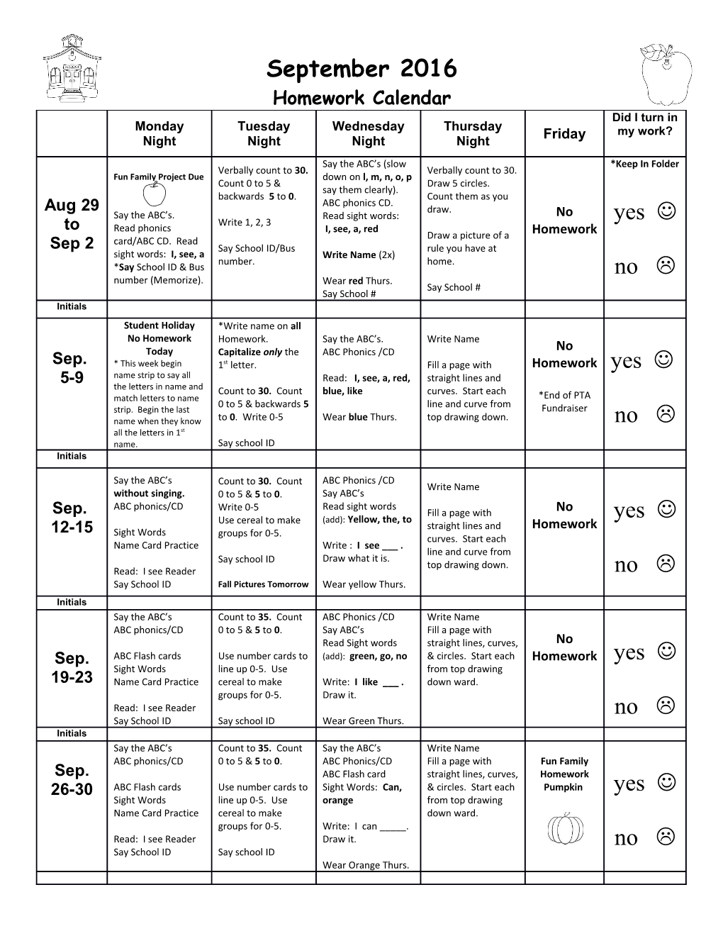 Homework Calendar