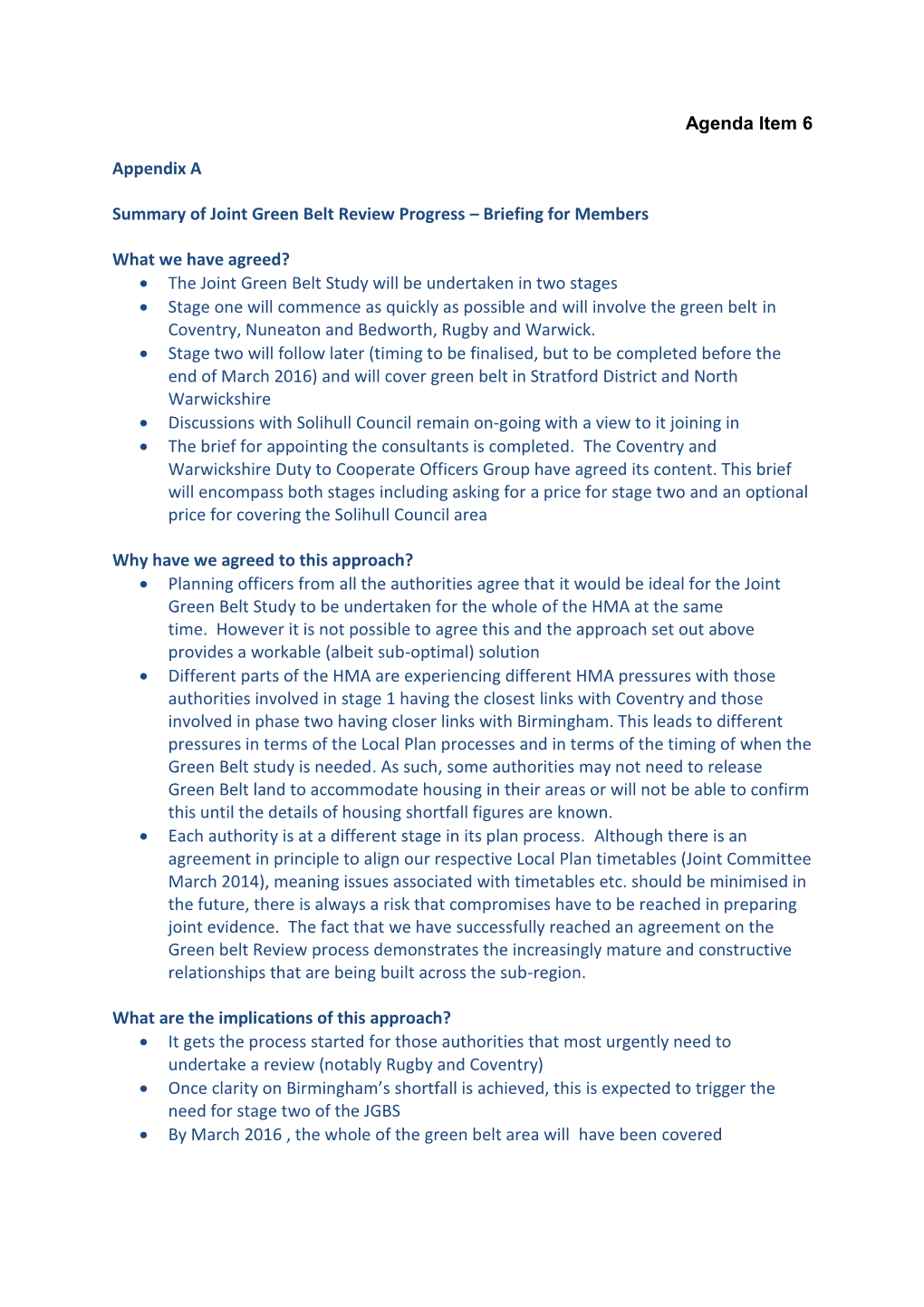 Agenda Item 6 Appendix a Summary of Joint Green Belt Review Progress