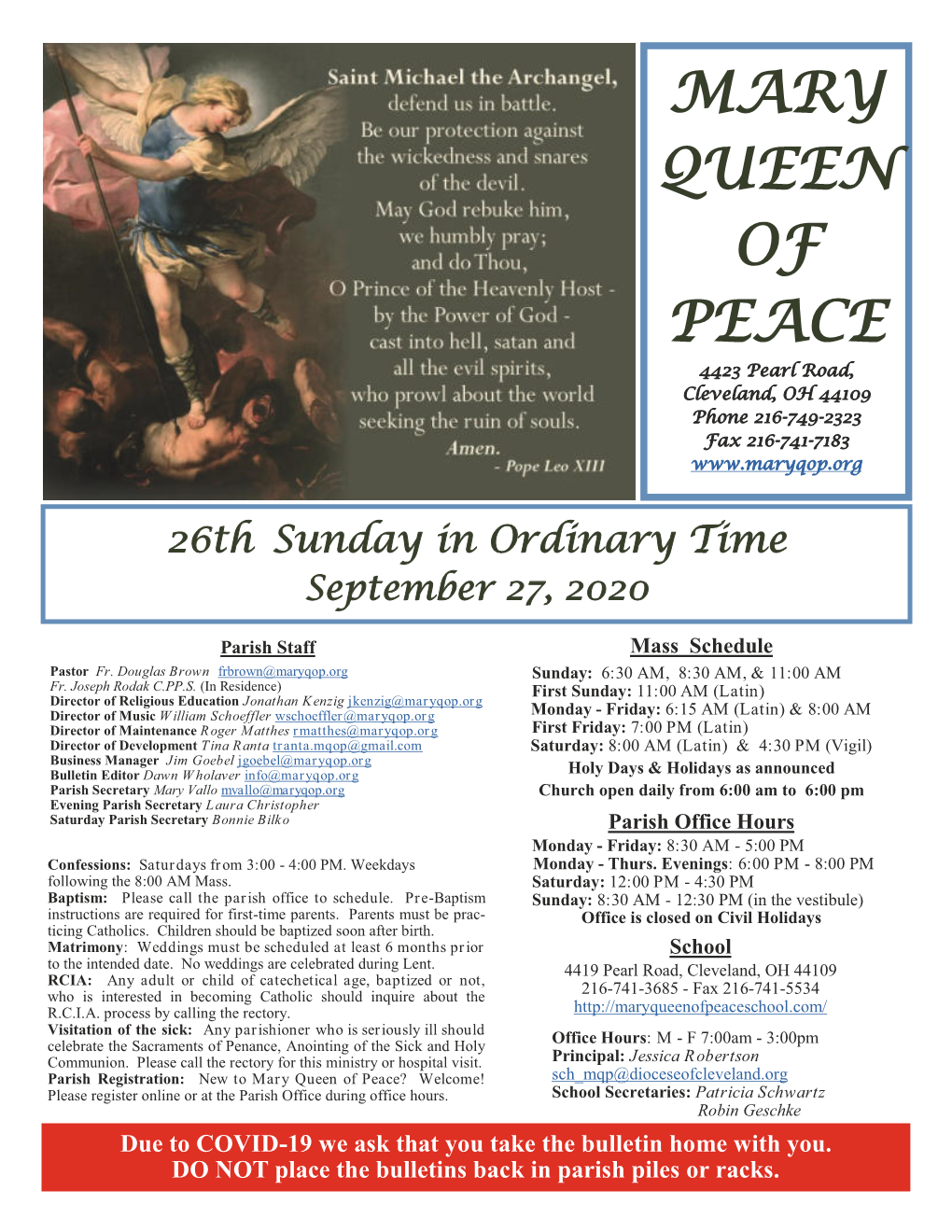 Queen of Peace? Welcome! Sch Mqp@Dioceseofcleveland.Org Please Register Online Or at the Parish Office During Office Hours