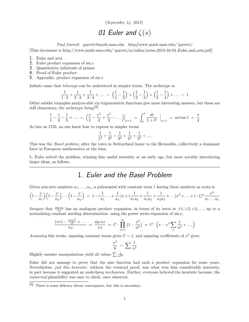 01 Euler and Ζ(S) 1. Euler and the Basel Problem