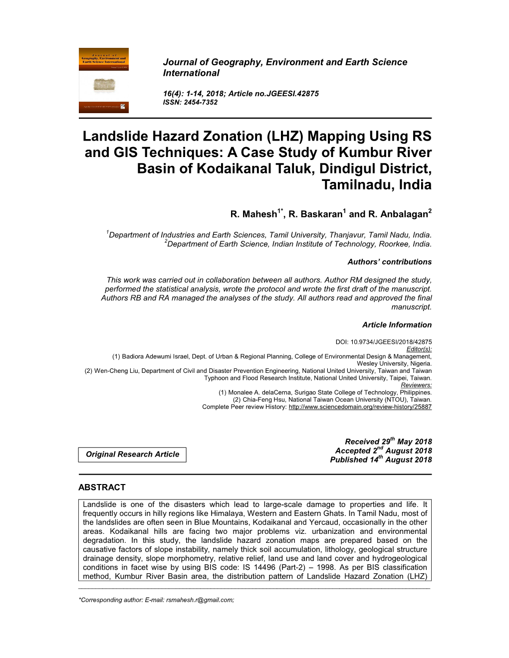 Landslide Hazard Zonation (LHZ) Mapping Using RS and GIS Techniques: a Case Study of Kumbur River Basin of Kodaikanal Taluk, Dindigul District, Tamilnadu, India