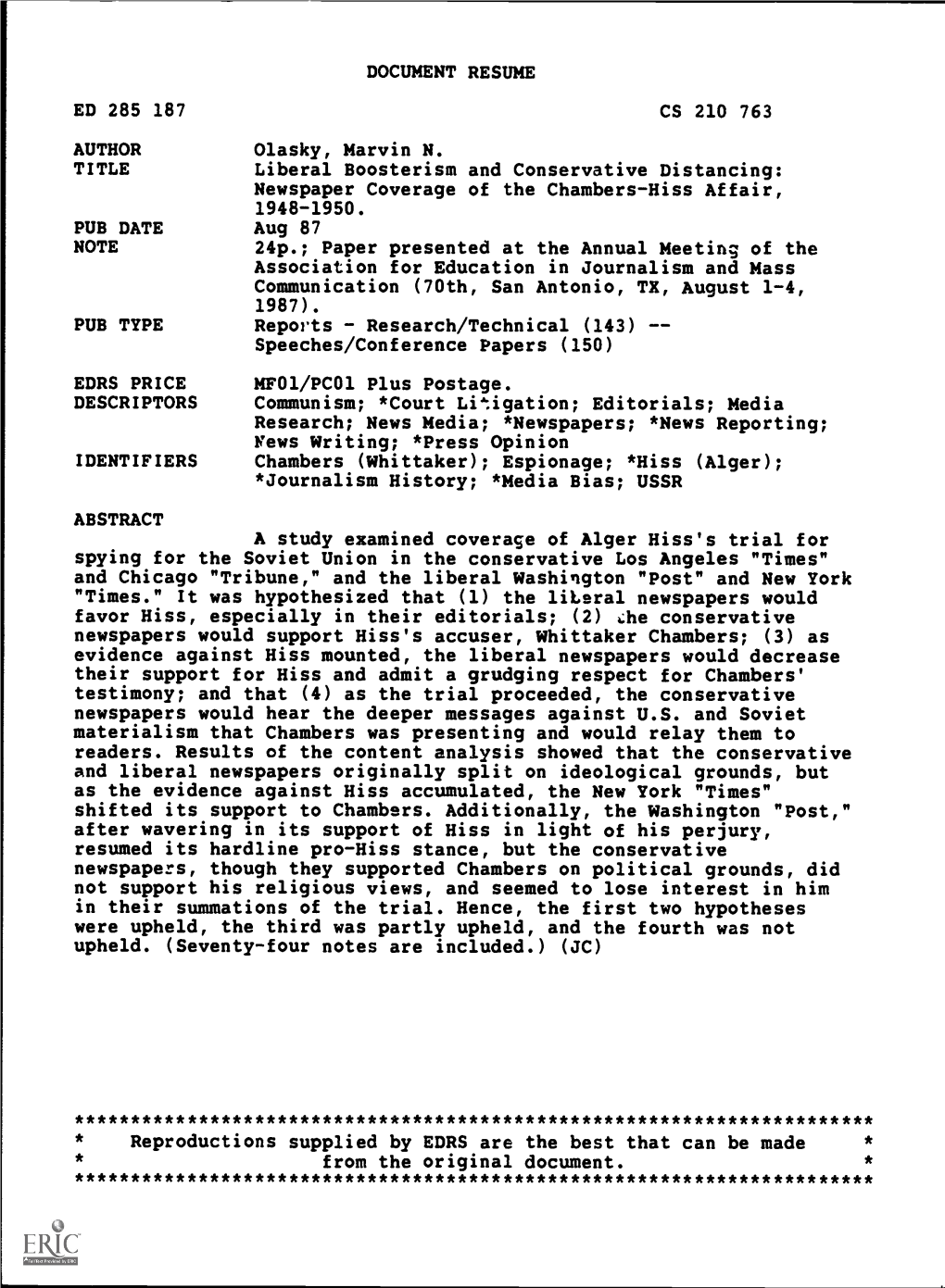 Liberal Boosterism and Conservative Distancing: Newspaper Coverage of the Chambers-Hiss Affair, 1948-1950