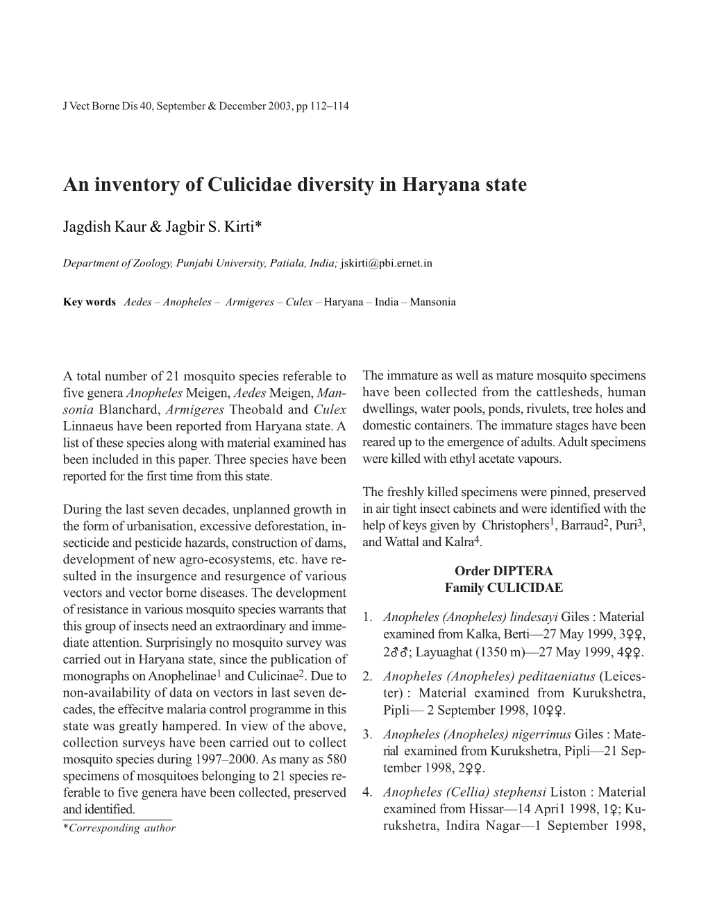 An Inventory of Culicidae Diversity in Haryana State