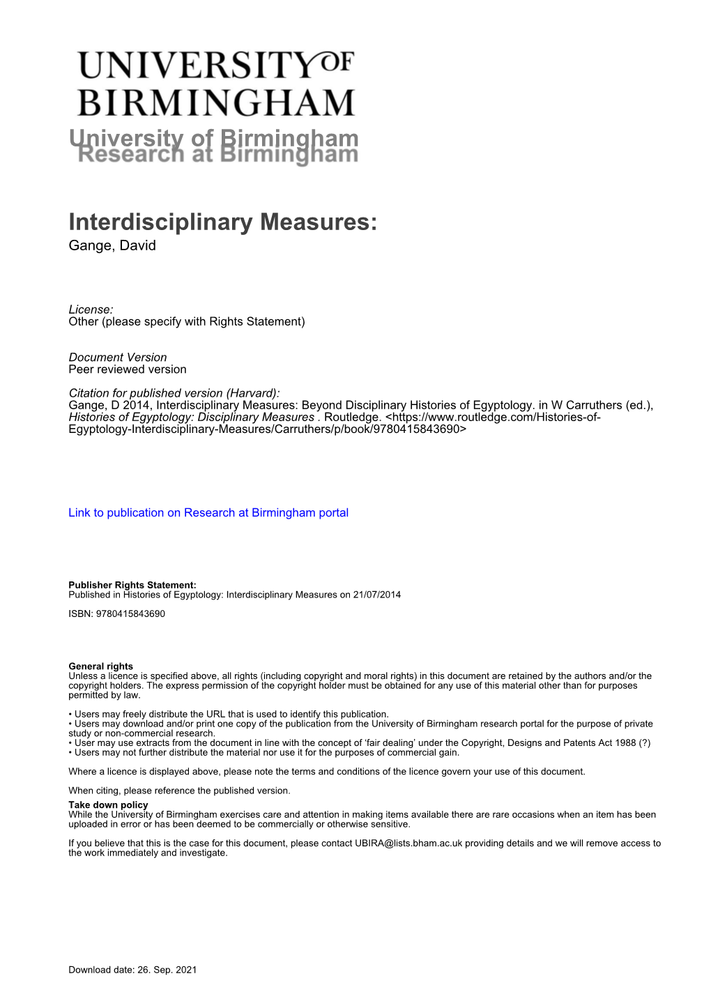 University of Birmingham Interdisciplinary Measures