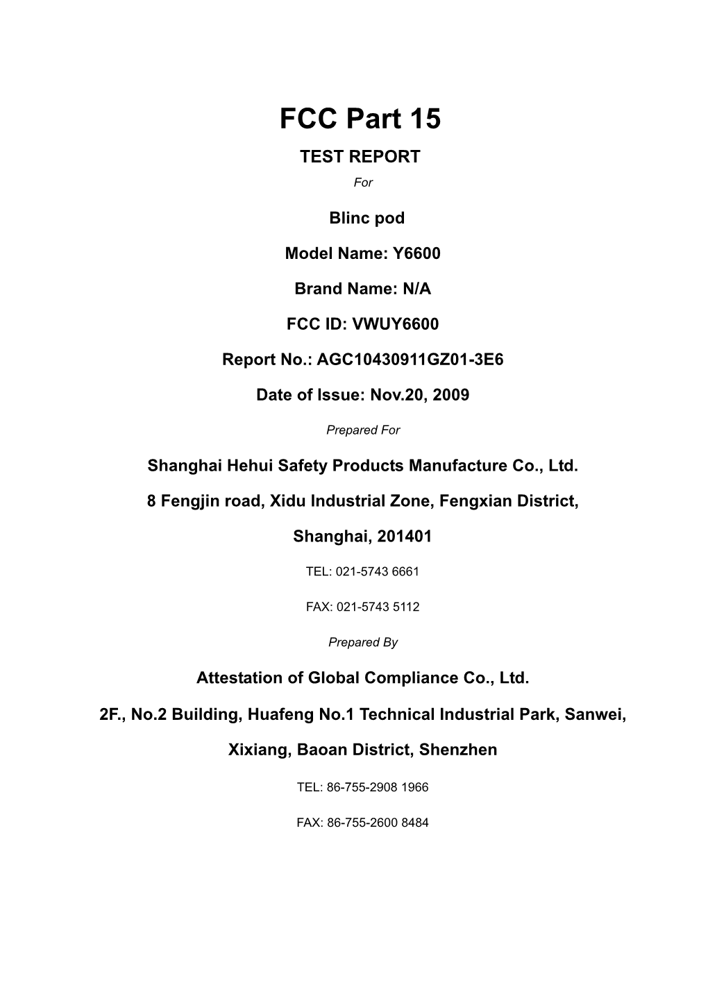 FCC Part 15 TEST REPORT For