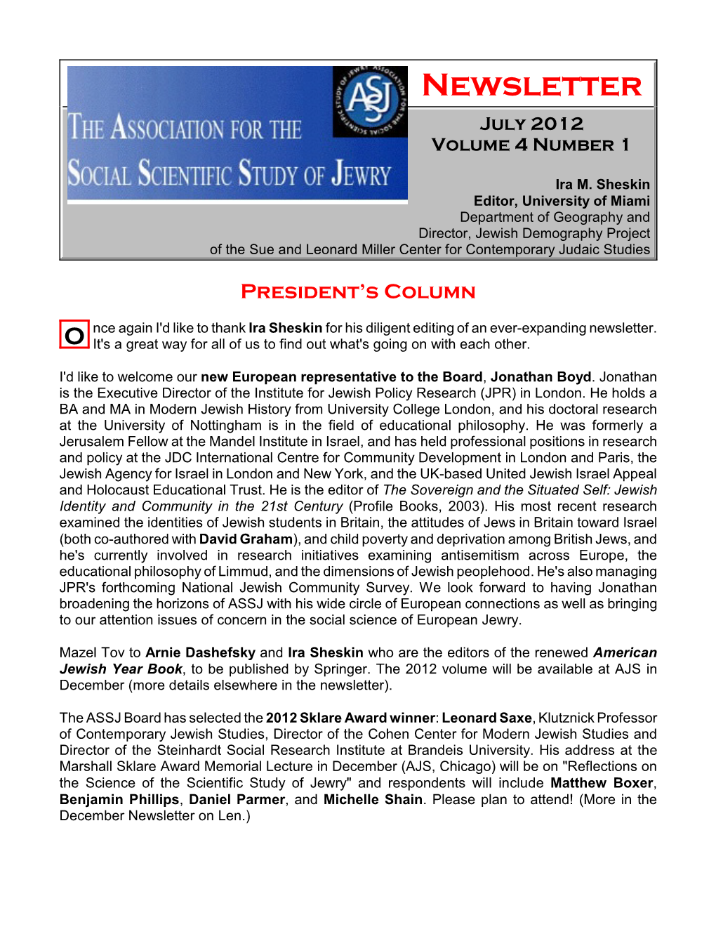 Newsletter July 2012 Volume 4 Number 1