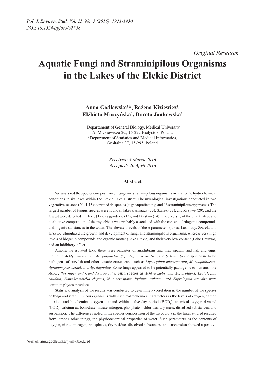 Aquatic Fungi and Straminipilous Organisms in the Lakes of the Ełckie District