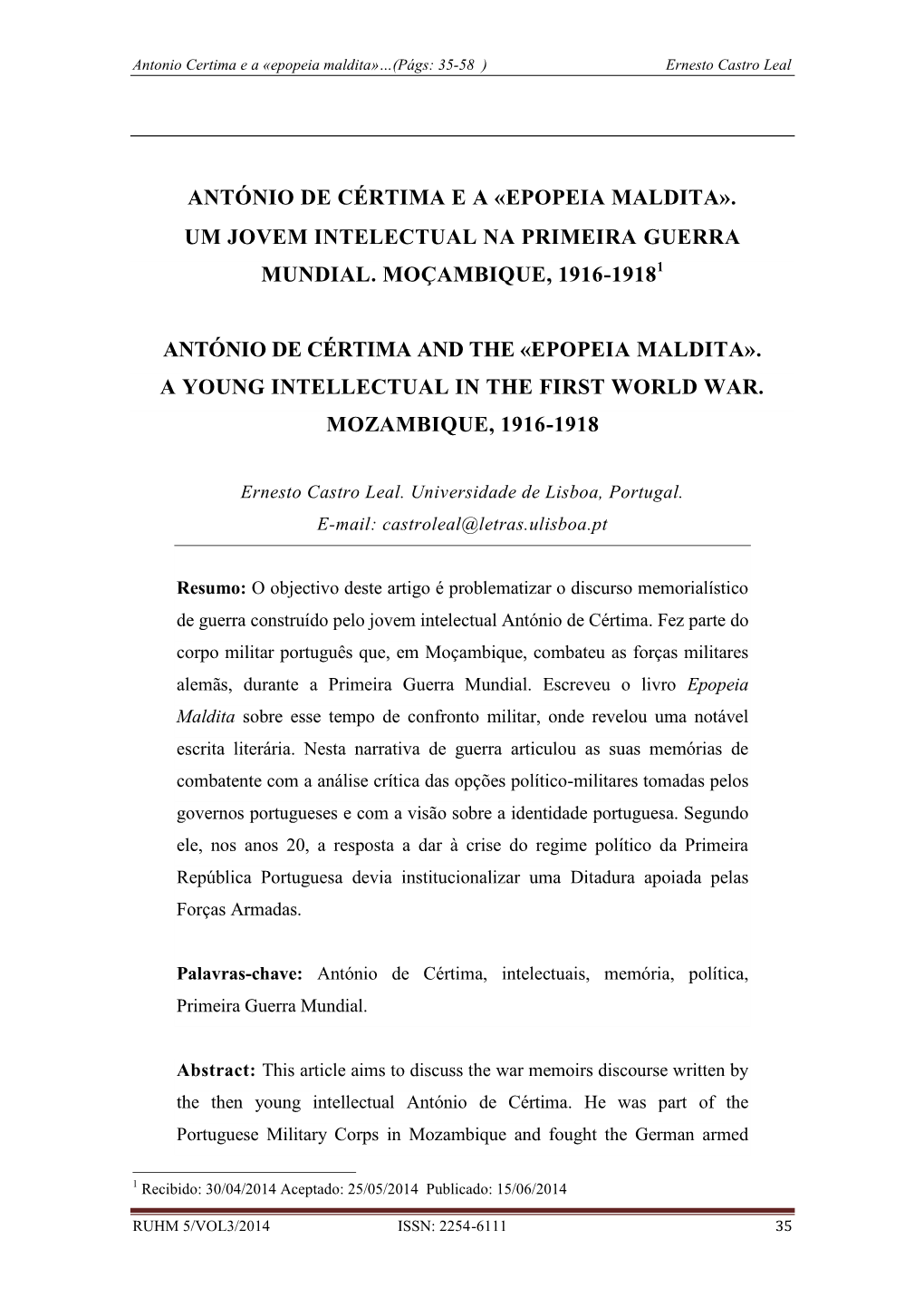 António De Cértima E a «Epopeia Maldita». Um Jovem Intelectual Na Primeira Guerra Mundial