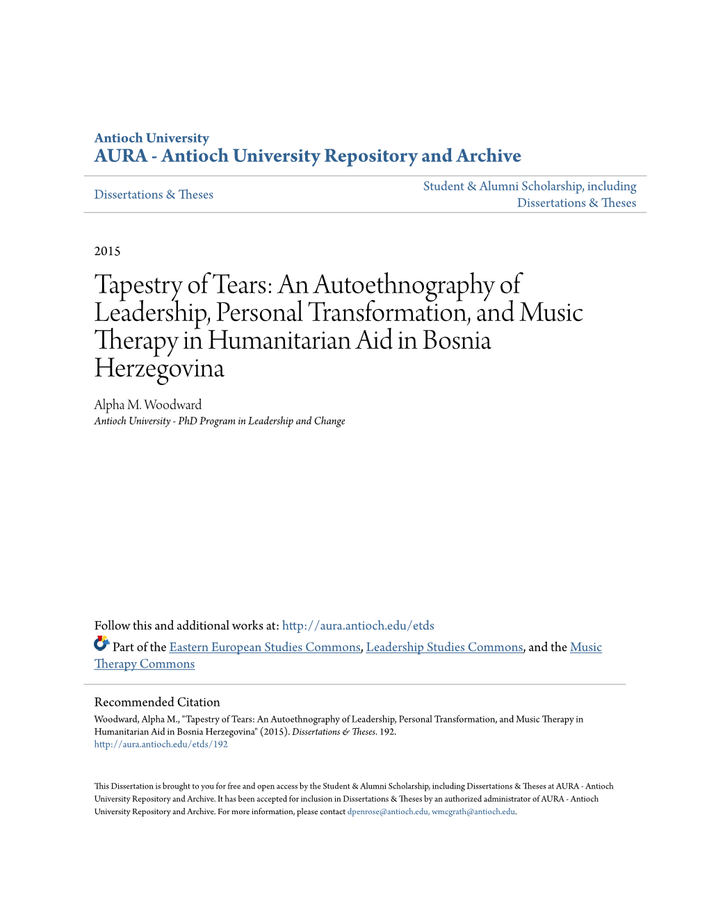 An Autoethnography of Leadership, Personal Transformation, and Music Therapy in Humanitarian Aid in Bosnia Herzegovina Alpha M