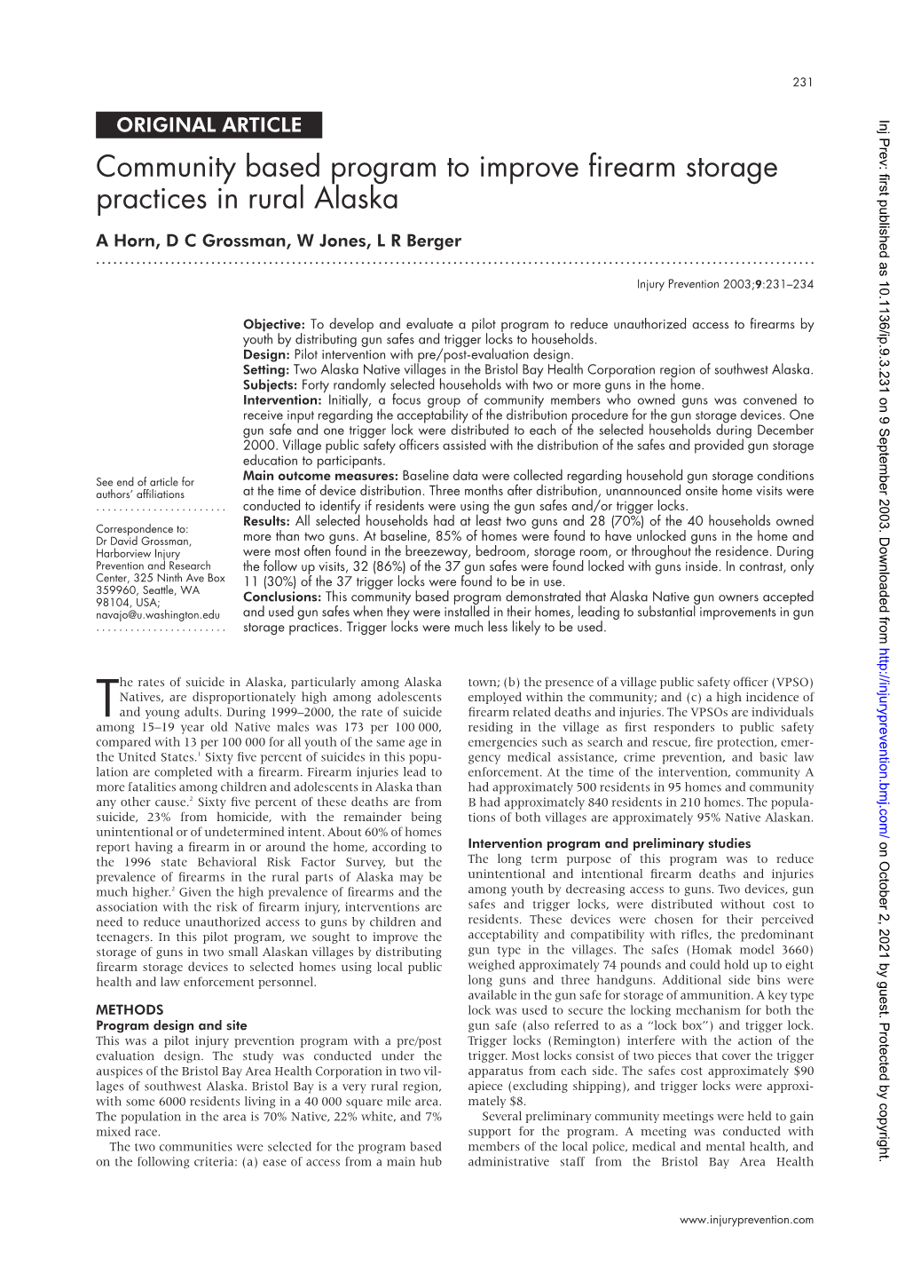 Community Based Program to Improve Firearm Storage Practices in Rural Alaska a Horn, D C Grossman, W Jones, L R Berger