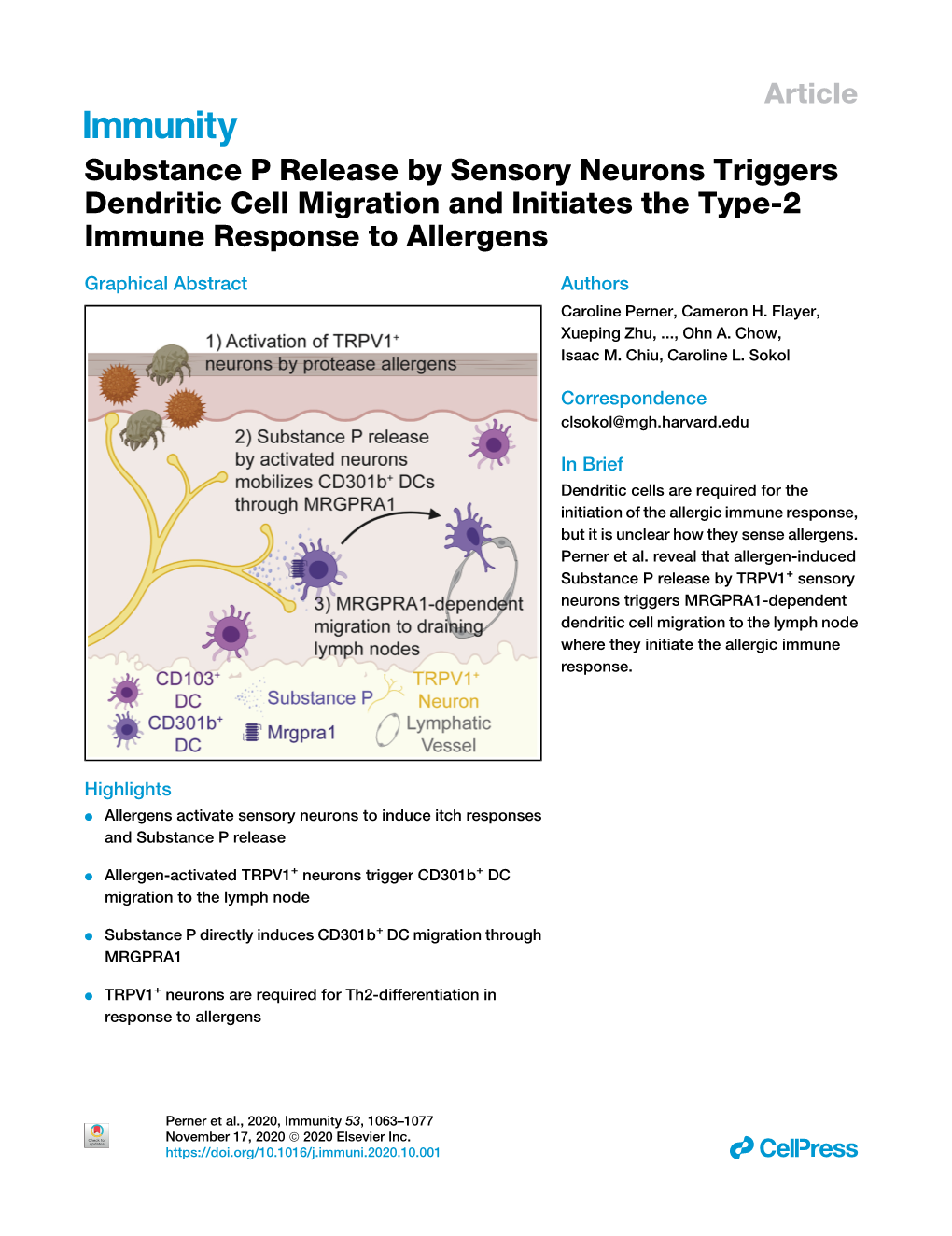 Substance P Release by Sensory Neurons Triggers Dendritic Cell Migration and Initiates the Type-2 Immune Response to Allergens