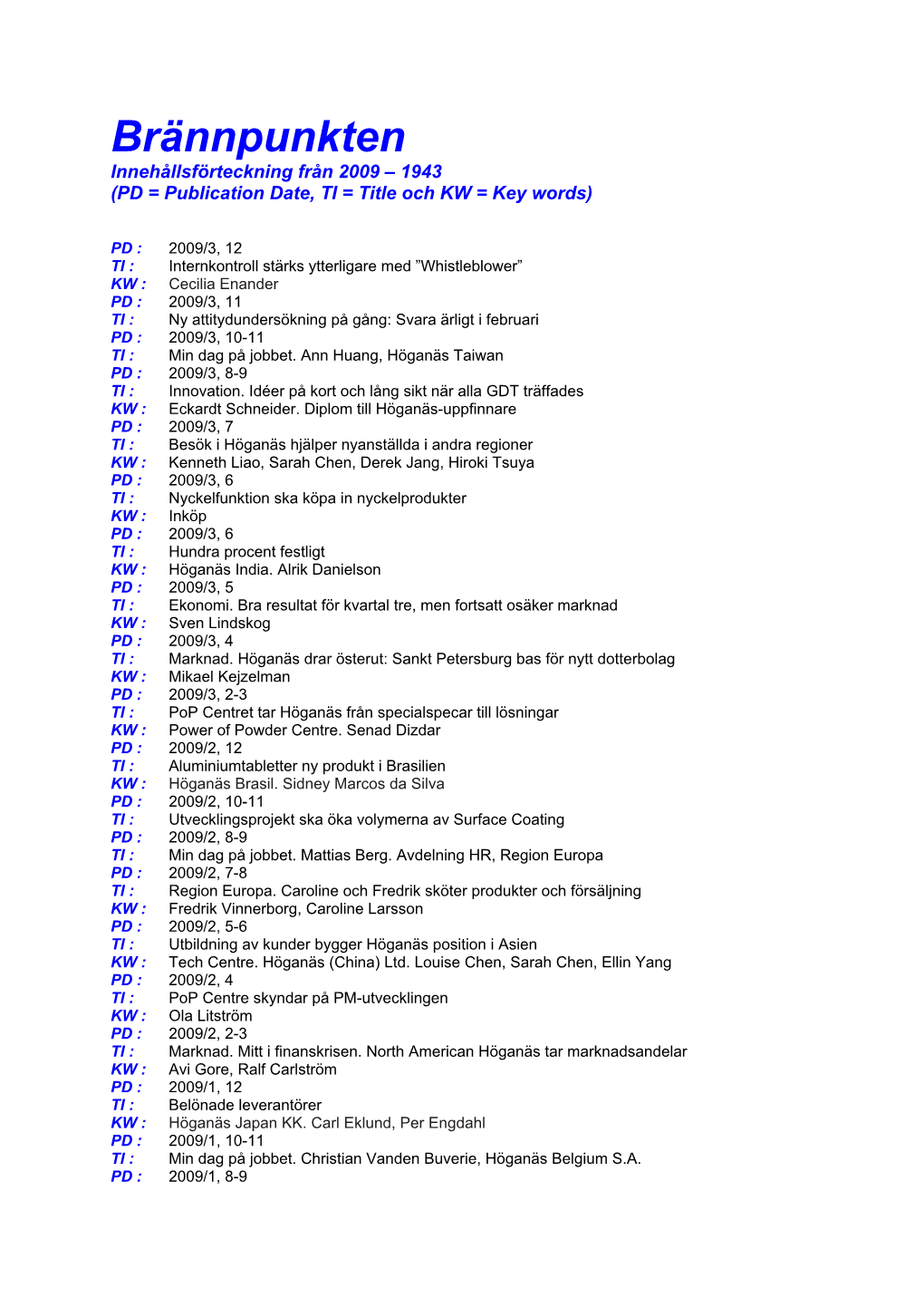 Brännpunkten Innehållsförteckning Från 2009 – 1943 (PD = Publication Date, TI = Title Och KW = Key Words)