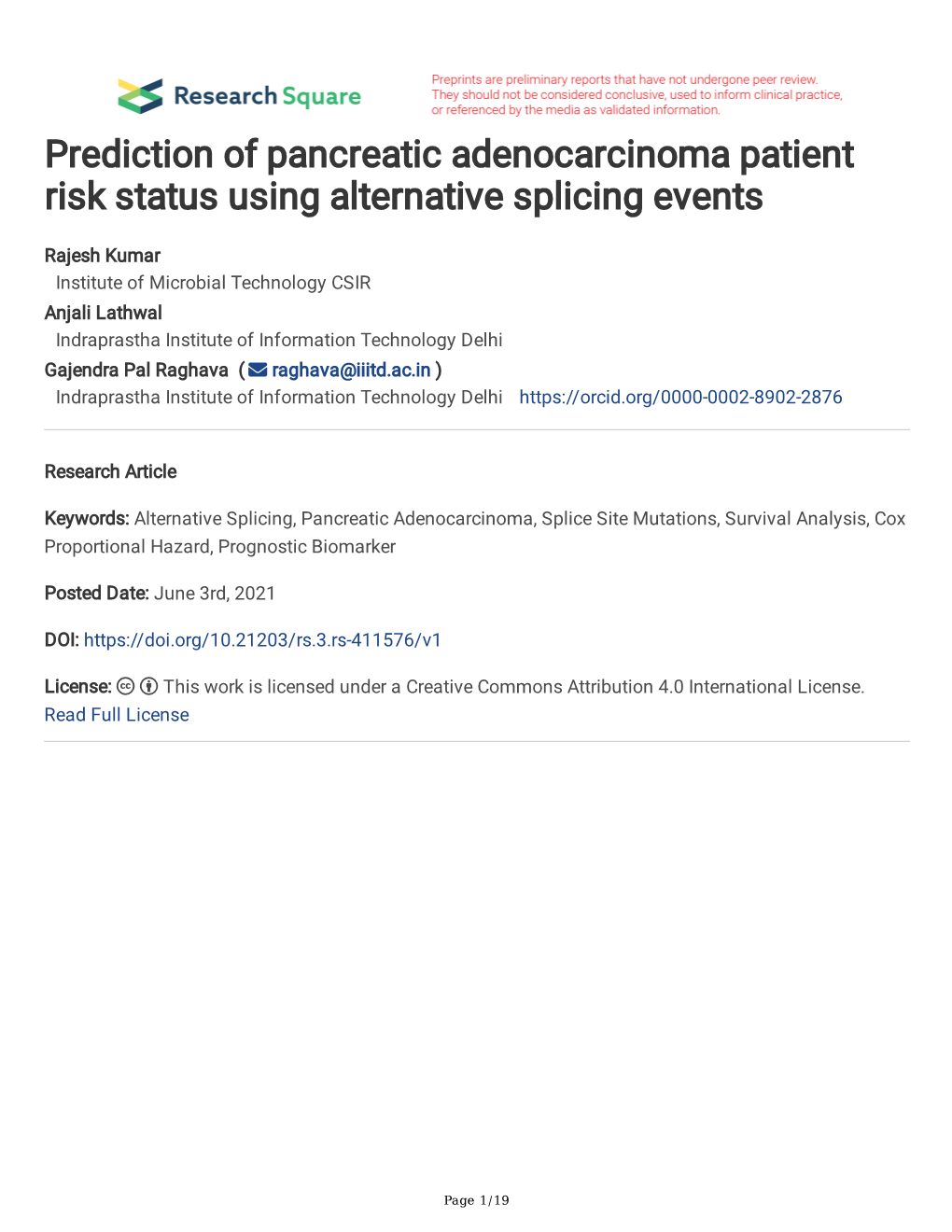 Prediction of Pancreatic Adenocarcinoma Patient Risk Status Using Alternative Splicing Events